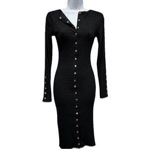 Fashion Nova Ribbed Midi Dress Women's Medium Black Long Sleeve Bodycon Buttons